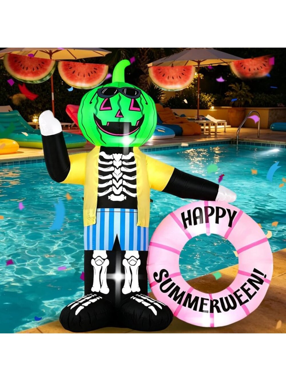 🎃 6FT Watermelon Zombie Inflatable Pool Float with Built-in LED Lights Party